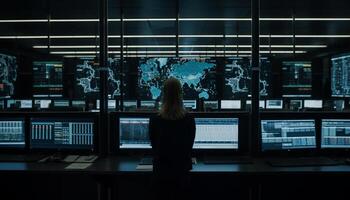 donna d'affari seduta a scrivania, utilizzando computer per globale comunicazione generato di ai foto