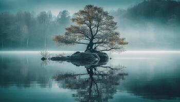 tranquillo inverno paesaggio blu cielo, pino alberi, e riflessione su stagno generato di ai foto