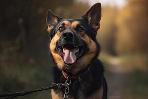 Tedesco pastore cane su un' guinzaglio su un' camminare nel il autunno foresta ai generato foto