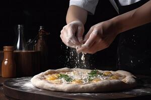 capocuoco aspersione Farina su Pizza su nero sfondo, nel un' avvicinamento Visualizza, il mani di un' capocuoco abilmente montare un' delizioso foto