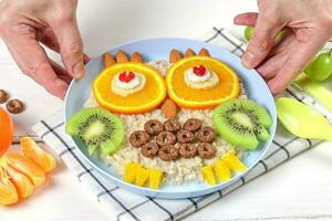 divertente gufo fiocchi d'avena fatto di frutta e noccioline, cibo idea per bambini. creativo idea per bambini prima colazione foto