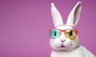 testa e spalla ritratto di adorabile coniglio con occhiali. ai generato foto
