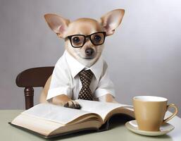 chihuahua cucciolo con occhiali e ha aperto libro. ai generato foto