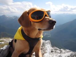 adorabile animale domestico cane con occhiali su superiore di montagna. avventura viaggio , ai generato foto