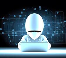 anonimo robot pirata. concetto di pirateria sicurezza informatica, crimine informatico, attacco informatico, eccetera. ai generato foto