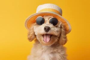 contento cucciolo cane ritratto indossare estate occhiali da sole e guardare a telecamera isolato su giallo pendenza studio sfondo. ai generato foto