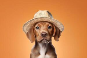 contento cucciolo cane ritratto indossare estate occhiali da sole e guardare a telecamera isolato su arancia pendenza studio sfondo. ai generato foto