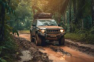 quattro ruota guidare suv è guida su fangoso strada nel giungla. generativo ai foto