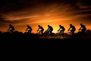 sagome di professionale ciclisti su strada a tramonto. generativo ai foto