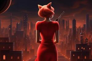 gatto come bellissimo femme fatale, indossare un' viscido rosso vestito e Tenere un' pistola, in piedi nel davanti di un' drammatico paesaggio urbano cartone animato stile illustrazione generativo ai foto