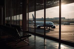 aeroporto terminale interno con aereo nel il finestra. generativo ai foto