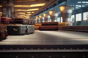 valigie su bagaglio trasportatore cintura a aeroporto terminale. generativo ai foto