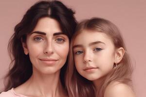 madre e figlia ritratto su rosa sfondo. generativo ai foto