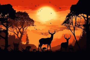 cervo sagome a tramonto. selvaggio animale nel naturale paesaggio. generativo ai foto
