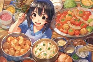 cibo - amorevole manga ragazza, con largo occhi, imbarco su culinario avventure e scoprire nuovo gustoso delizie anime illustrazione generativo ai foto