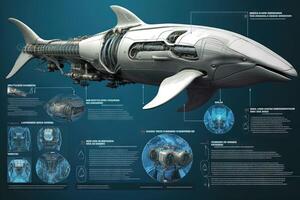 delfino cyborg animale dettagliato infografica, pieno dettagli anatomia manifesto diagramma illustrazione generativo ai foto