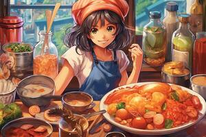 cibo - amorevole manga ragazza, con largo occhi, imbarco su culinario avventure e scoprire nuovo gustoso delizie anime illustrazione generativo ai foto