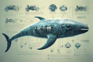 narvalo cyborg animale dettagliato infografica, pieno dettagli anatomia manifesto diagramma illustrazione generativo ai foto