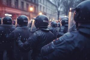 polizia squadra indossare uniforme su il città strada. generativo ai foto