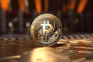 virtuale criptovaluta. d'oro bitcoin su tecnologia sfondo. generativo ai foto