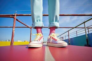 elegante scarpe da ginnastica su colorato sfondo. moda stile. generativo ai foto