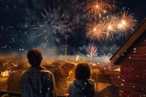 persone sagome guardare a colorato fuoco d'artificio a notte cielo. generativo ai foto