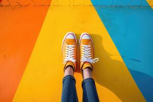 elegante scarpe da ginnastica su colorato sfondo. moda stile. generativo ai foto