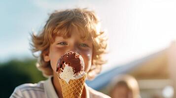 bambino mangia ghiaccio crema. illustrazione generativo ai foto