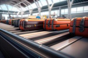 valigie su bagaglio trasportatore cintura a aeroporto terminale. generativo ai foto