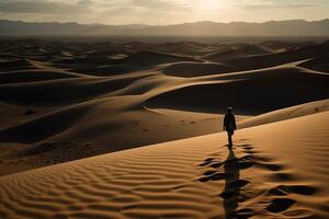 solitario persona a piedi nel enorme deserto dune a tramonto illustrazione generativo ai foto