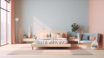 minimalista Camera da letto nel pastello colori. illustrazione ai generativo foto