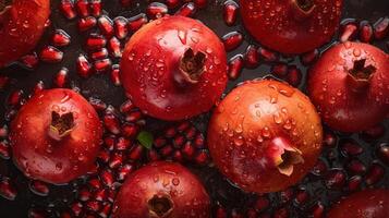 generativo ai, macro fresco succoso metà e totale di Melograno frutta sfondo come modello. avvicinamento foto con gocce di acqua