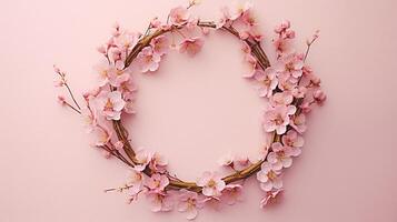 generativo ai, ghirlanda di poco leggero rosa ciliegia sakura fiori con copia spazio, naturale biologico floreale telaio foto