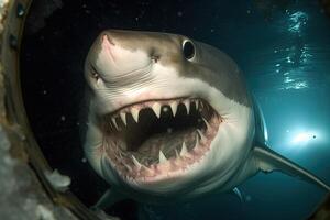 squalo In arrivo per voi Aperto bocca fauci illustrazione subacquea generativo ai foto
