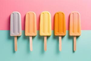 ghiaccio crema bastoni su pastello colori sfondo, piatto posizione. generativo ai. foto