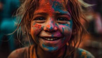 sorridente ragazza coperto nel colorato dipingere all'aperto generato di ai foto