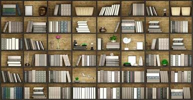 Illustrazione 3D della priorità bassa della parete di legno con i libri
