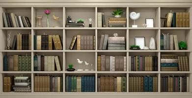 Illustrazione 3D della priorità bassa della parete di legno con i libri foto