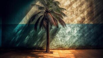 tropicale clima, palma albero, luce del sole, foglia estate, sabbia, tramonto generato di ai foto