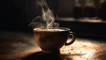 rustico caffè negozio servi piccante, profumato cappuccino su di legno tavolo generato di ai foto