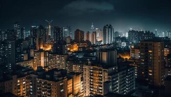 raggiante grattacieli illuminare il affollato città strada a notte generato di ai foto