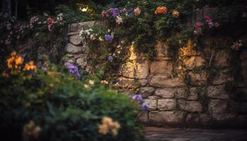 estate bellezza nel natura verde foglie, viola fiori, Multi colorato fiori generato di ai foto