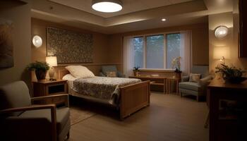 moderno appartamento design con elegante legna arredamento e confortevole biancheria da letto generato di ai foto