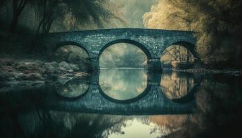 tranquillo scena di un antico ponte riflessa nel il acqua generato di ai foto