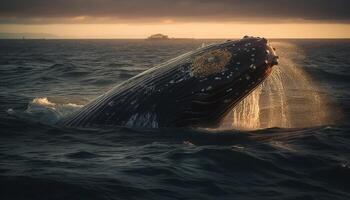 maestoso gobba balena spruzzi nel tranquillo mare a tramonto generato di ai foto