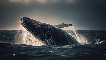 maestoso gobba balena varco nel tropicale paesaggio marino a tramonto generato di ai foto