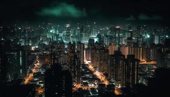 moderno grattacieli illuminare famoso finanziario quartiere a crepuscolo, affollato traffico sotto generato di ai foto