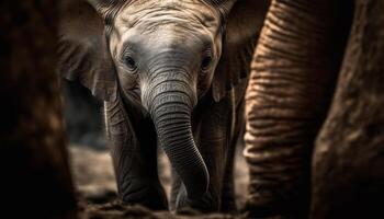 grande africano elefante a piedi nel tranquillo natura Riserva, vicino su ritratto generato di ai foto