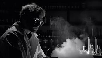 uno giovane chimico, indossare protettivo occhiali, Tenere un' fumo borraccia generato di ai foto