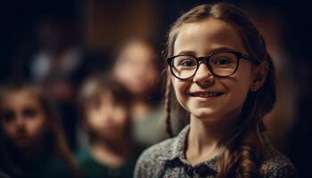 carino ragazze nel occhiali sorridente per ritratto nel aula felicità generato di ai foto